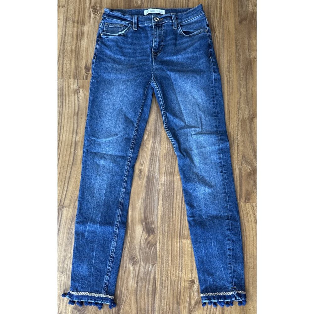 Zara Womens Z1975 Slim Skinny Jeans Blue Dark Wash Pockets Pom‎ Pom Trim Denim 4